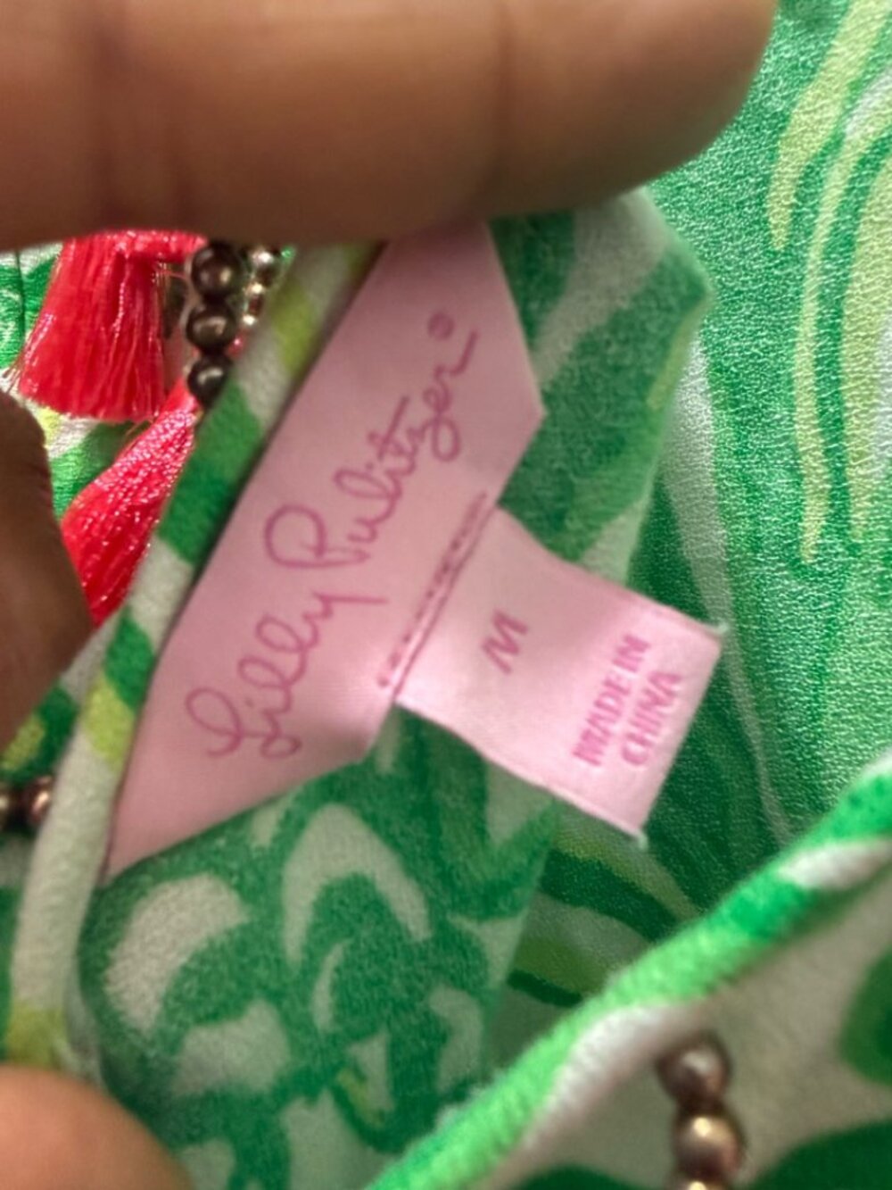 Lilly Pulitzer green tropical maxi dress M beaded pink tassel low back - Picture 5 of 10